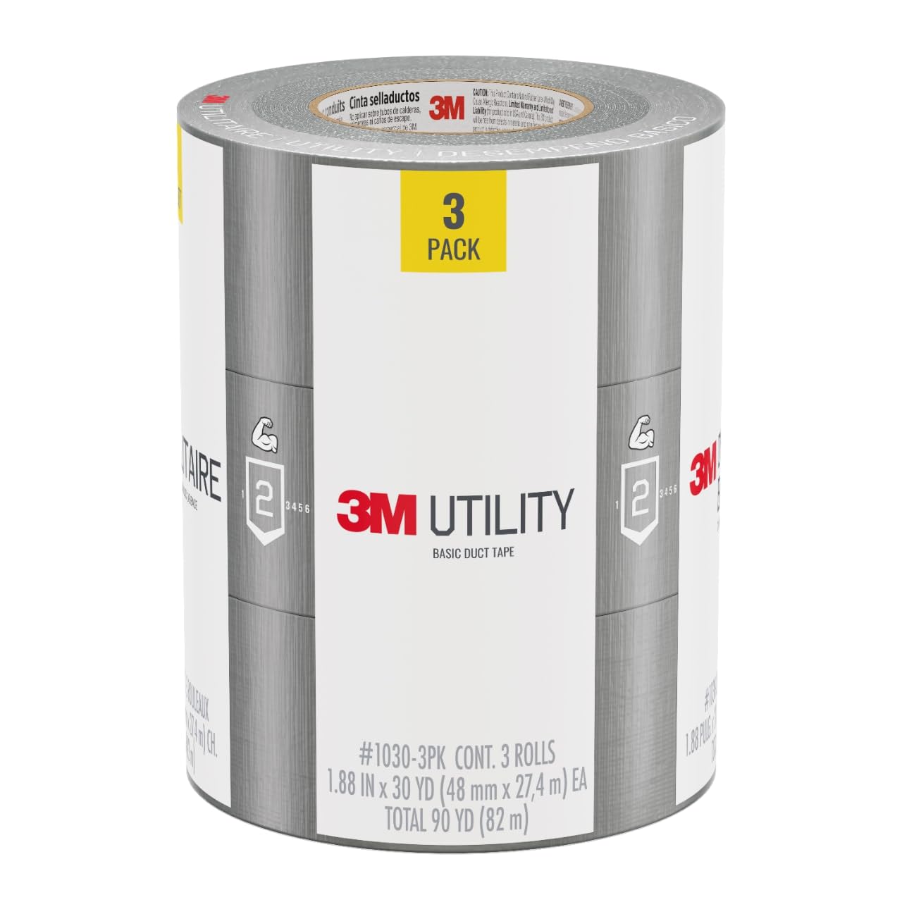 3M Utility Basic Duct Tape, 1.88 in x 30 yd, 3 Rolls, Moisture Resistant, Great for Light Duty Temporary Indoor Repairs for Tile, Laminate, Plastic, Wood, and Glass, Tear by Hand (1030-3PK)