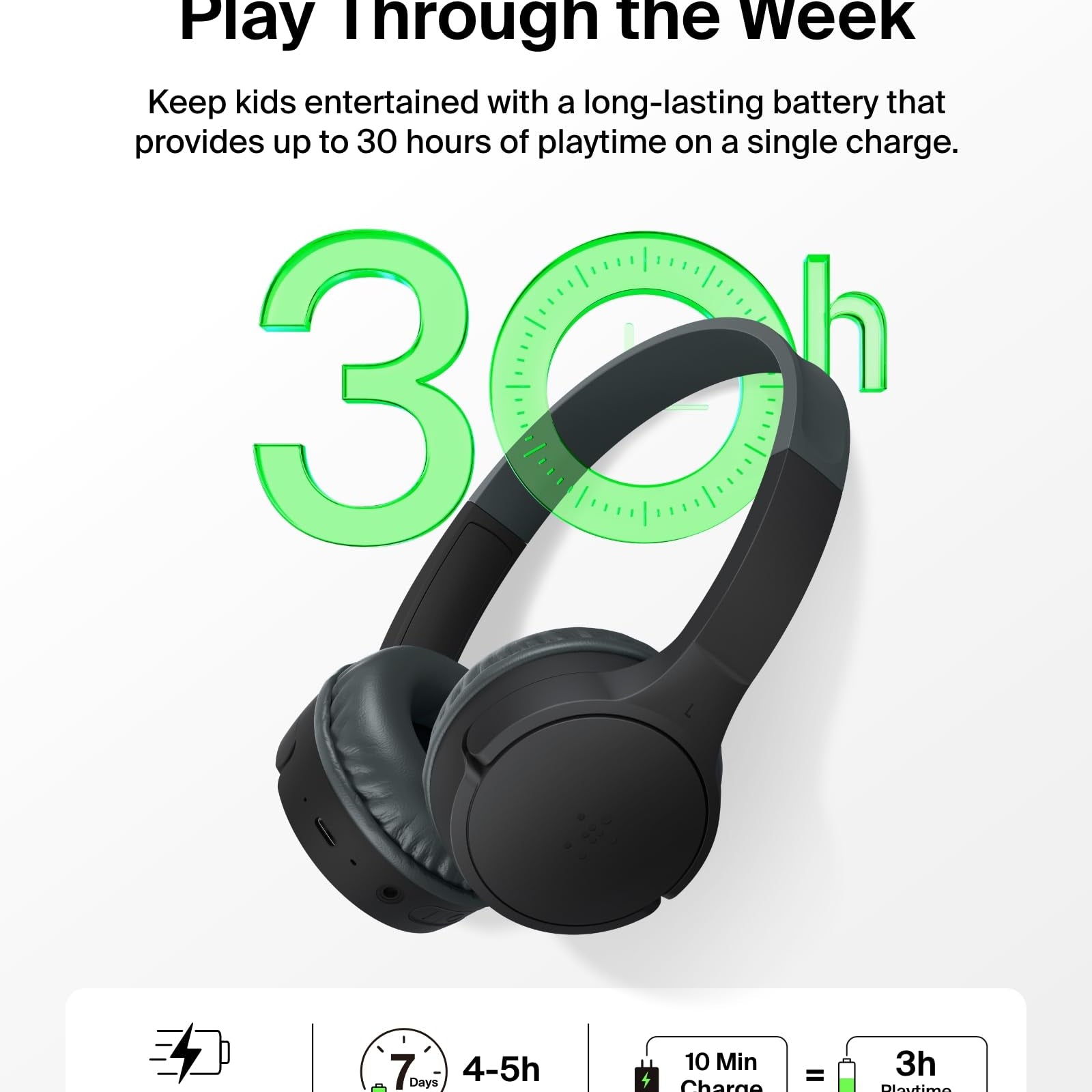 Belkin SoundForm Mini - Wireless Bluetooth Kids Headphones, 30H Battery, 85dB Safe Volume Limit, Built-in Microphone - Toddler On-Ear Earphones for iPhone, iPad, Fire Tablet, Ideal for School - White