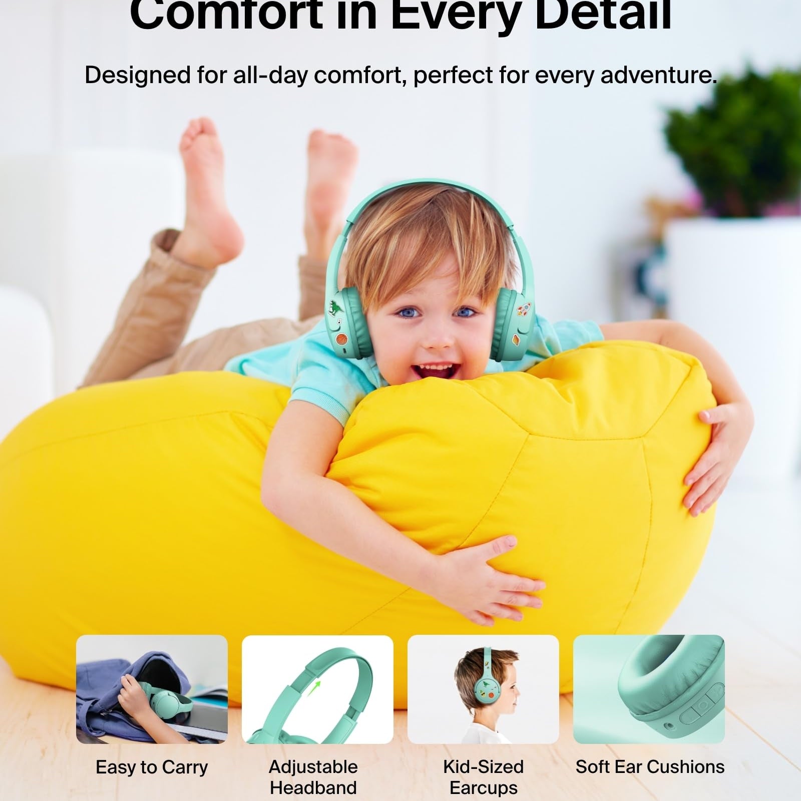 Belkin SoundForm Mini - Wireless Bluetooth Kids Headphones, 30H Battery, 85dB Safe Volume Limit, Built-in Microphone - Toddler On-Ear Earphones for iPhone, iPad, Fire Tablet, Ideal for School - White