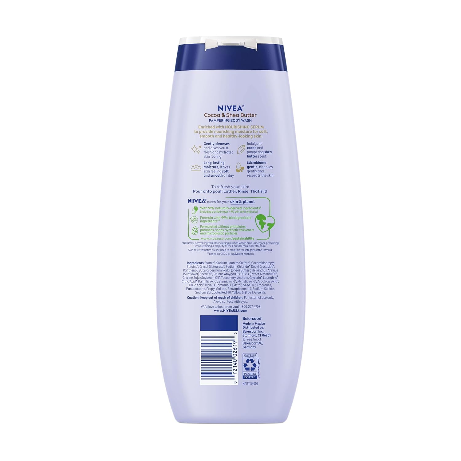 NIVEA Pampering Cocoa and Shea Butter Body Wash with Nourishing Serum, Moisturizing Body Wash for Women, Enriched with Provitamin B5 and Vitamin E, 20 Fl Oz Bottle
