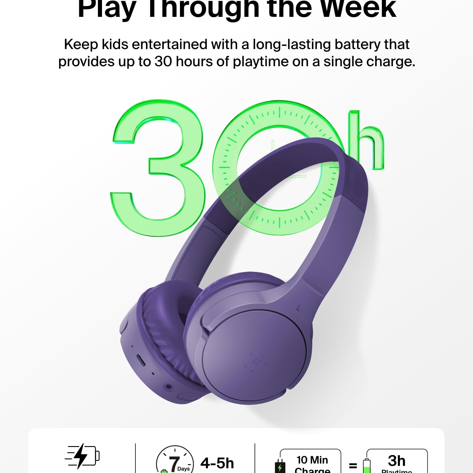 Belkin SoundForm Mini - Wireless Bluetooth Kids Headphones, 30H Battery, 85dB Safe Volume Limit, Built-in Microphone - Toddler On-Ear Earphones for iPhone, iPad, Fire Tablet, Ideal for School - White