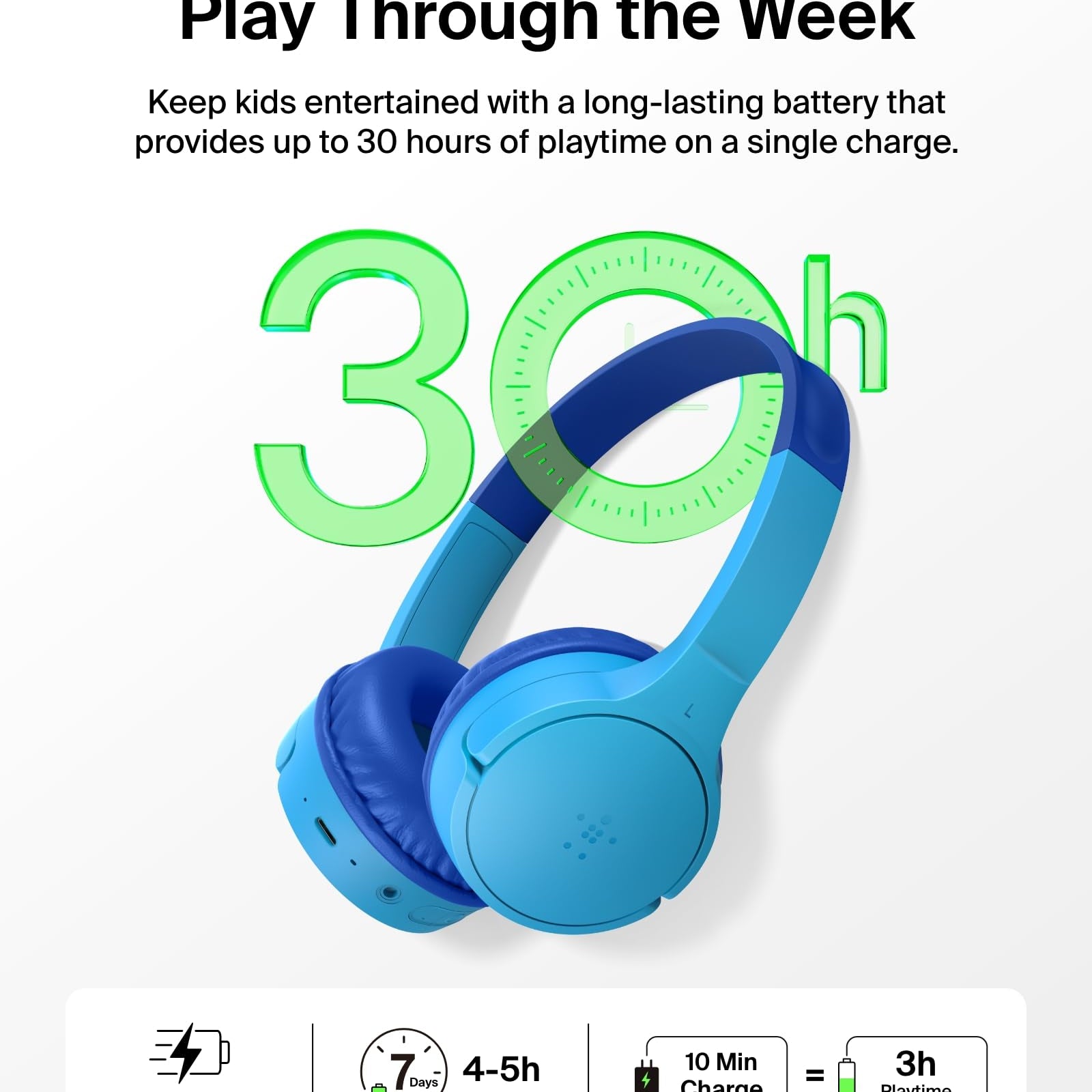 Belkin SoundForm Mini - Wireless Bluetooth Kids Headphones, 30H Battery, 85dB Safe Volume Limit, Built-in Microphone - Toddler On-Ear Earphones for iPhone, iPad, Fire Tablet, Ideal for School - White