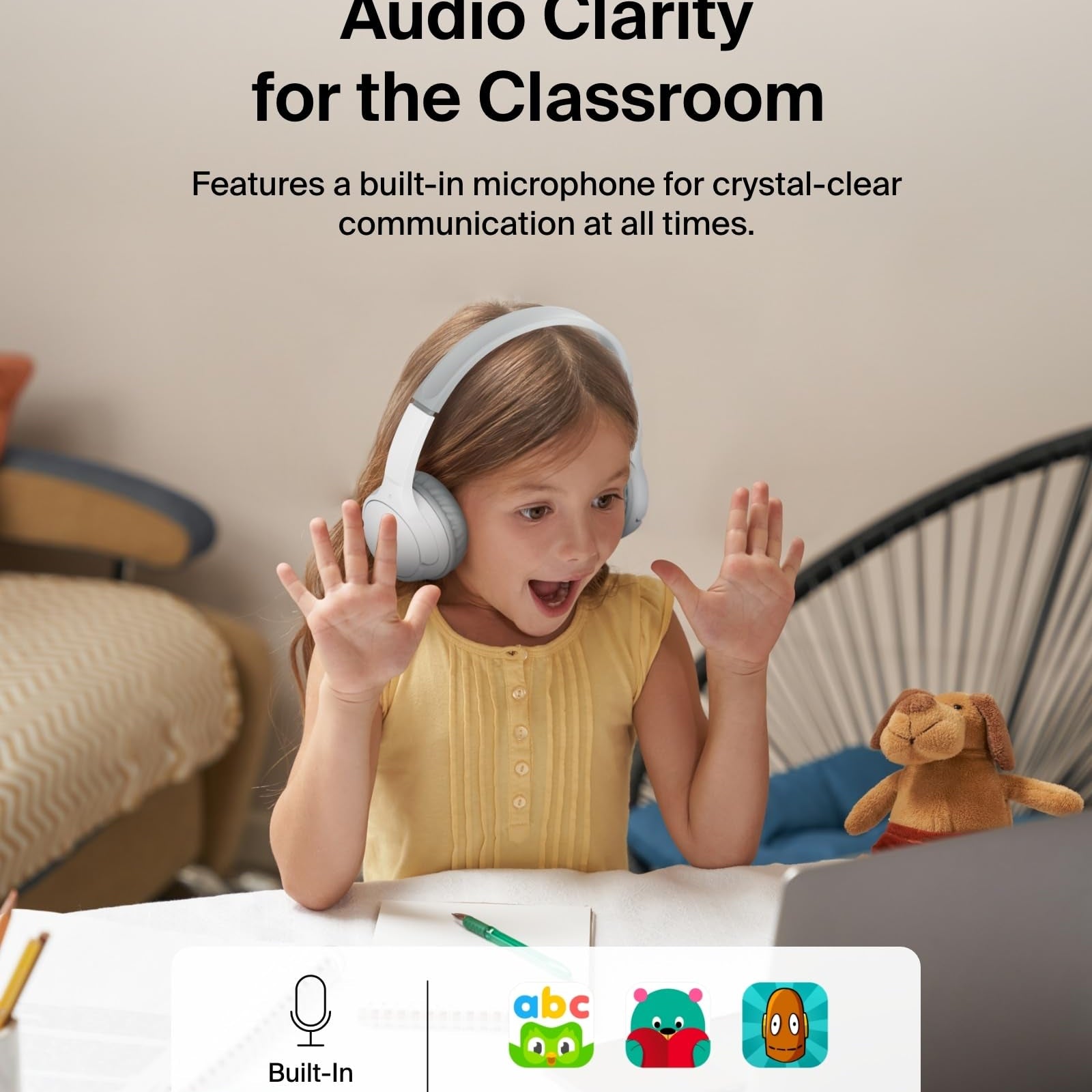 Belkin SoundForm Mini - Wireless Bluetooth Kids Headphones, 30H Battery, 85dB Safe Volume Limit, Built-in Microphone - Toddler On-Ear Earphones for iPhone, iPad, Fire Tablet, Ideal for School - White