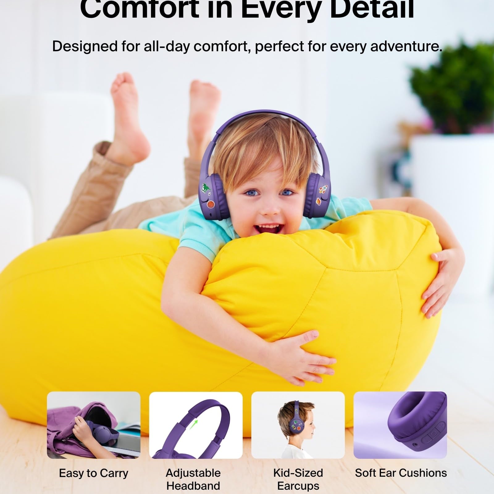 Belkin SoundForm Mini - Wireless Bluetooth Kids Headphones, 30H Battery, 85dB Safe Volume Limit, Built-in Microphone - Toddler On-Ear Earphones for iPhone, iPad, Fire Tablet, Ideal for School - White