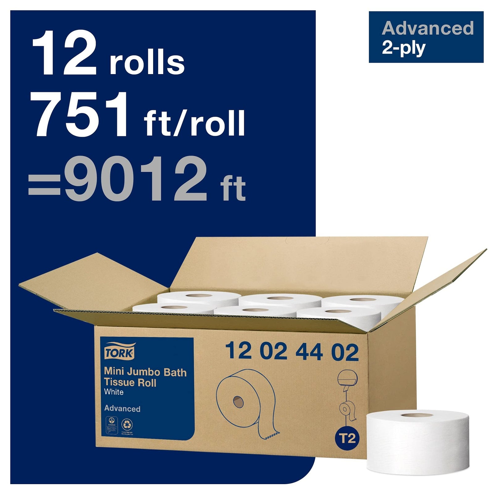 Tork Mini Jumbo Toilet Paper Roll White T2, Advanced (2-Ply) and Tork Matic Soft Hand Towel Roll, White, Advanced (1-Ply)