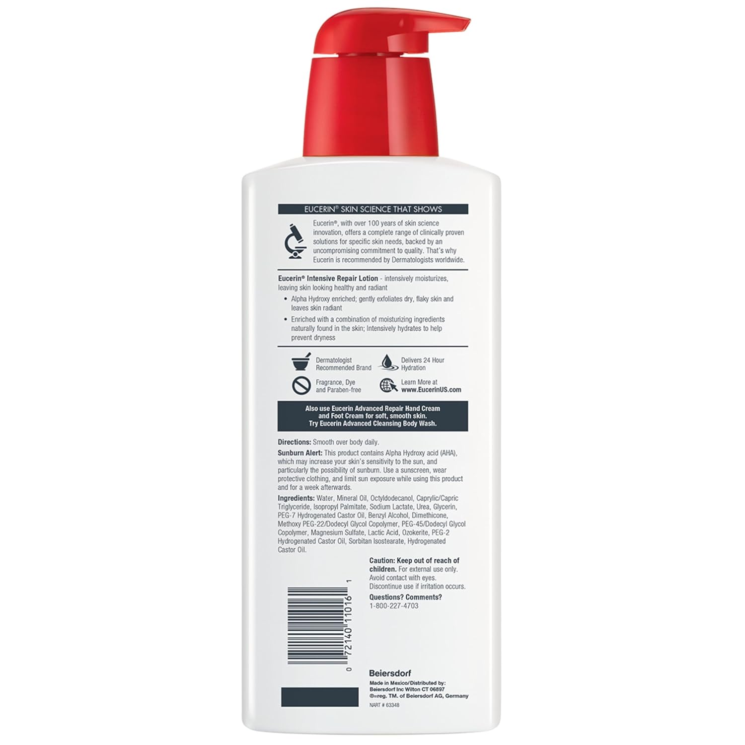 Eucerin Intensive Repair Body Lotion for Dry Skin with Alpha Hydroxy, Body Moisturizer for Very Dry Skin, Moisturizes, Exfoliates and Conditions, Fragrance Free and Paraben Free, 16.9 Fl Oz Bottle