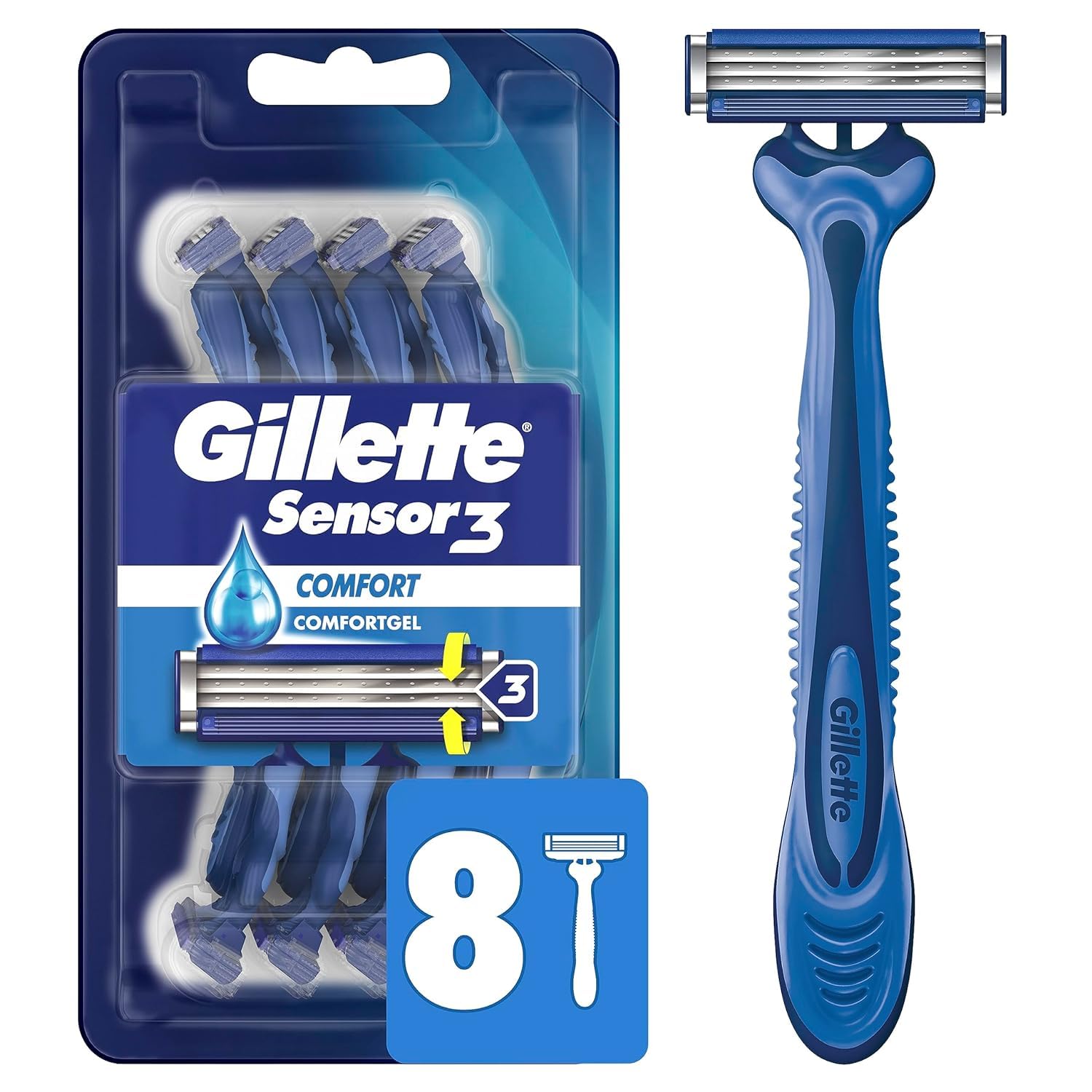 Gillette Sensor3 Comfort, 8 Count | Disposable | For Men | Lubrastrip | Pack of 2