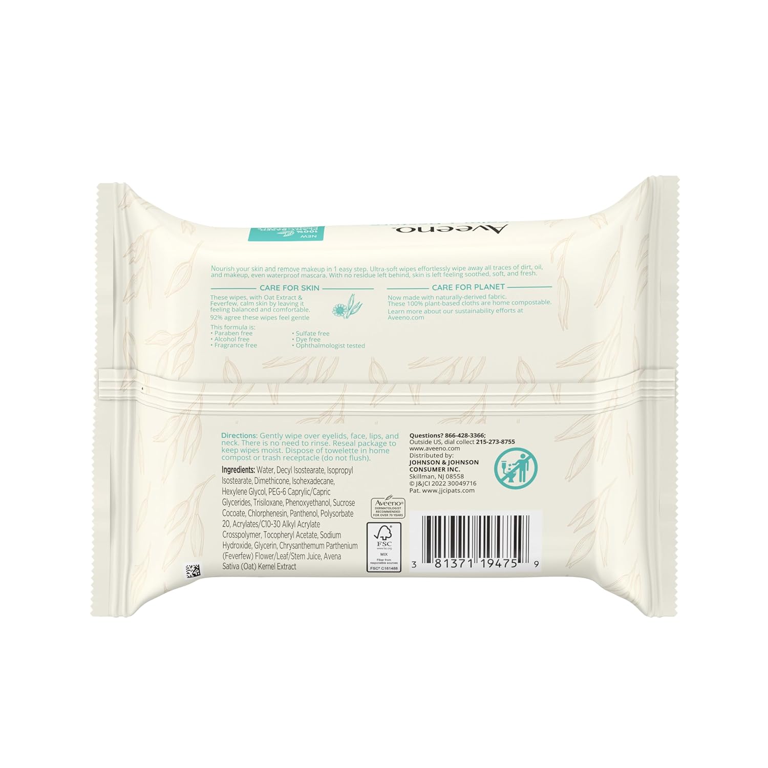 Aveeno Calm + Restore Unscented Makeup Remover Face Wipes, Fragrance Free Facial Cleansing Towelettes with Oat Extract & Calming Feverfew Leave Skin Feeling Soothed, Alcohol Free, 25 ct