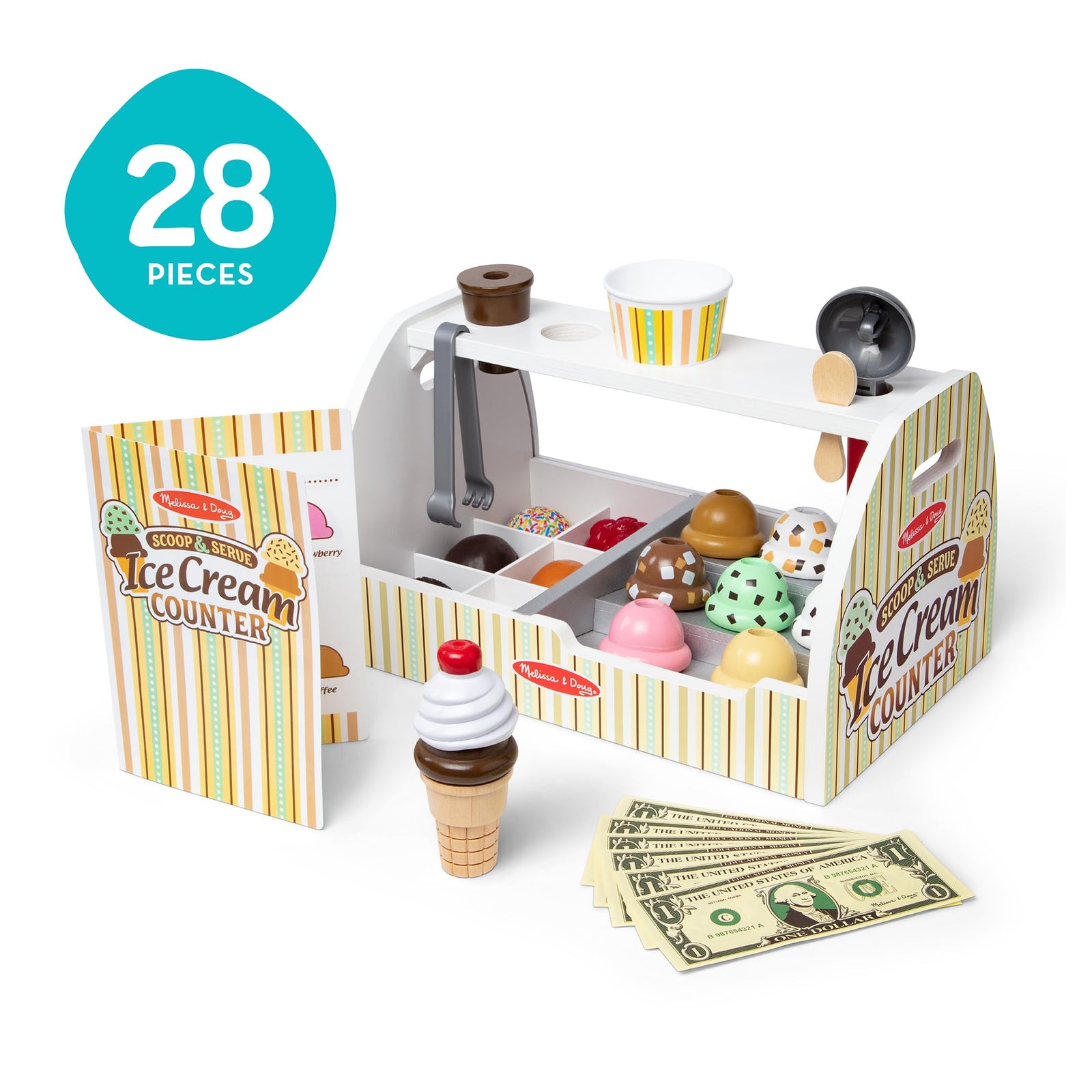 Melissa & Doug Wooden Scoop & Serve Ice Cream Counter, Pretend Play Store, 28 Toy Food & Play Kitchen Accessories, Preschool Toys for Girls & Boys 3+
