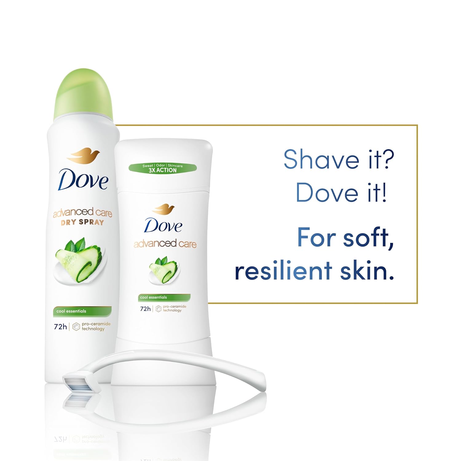 Dove Advanced Care Antiperspirant Deodorant Stick Cool Essentials 4 ct for helping your skin barrier repair after shaving 72 hour odor control and sweat protection with Pro Ceramide Technology 2.6 oz