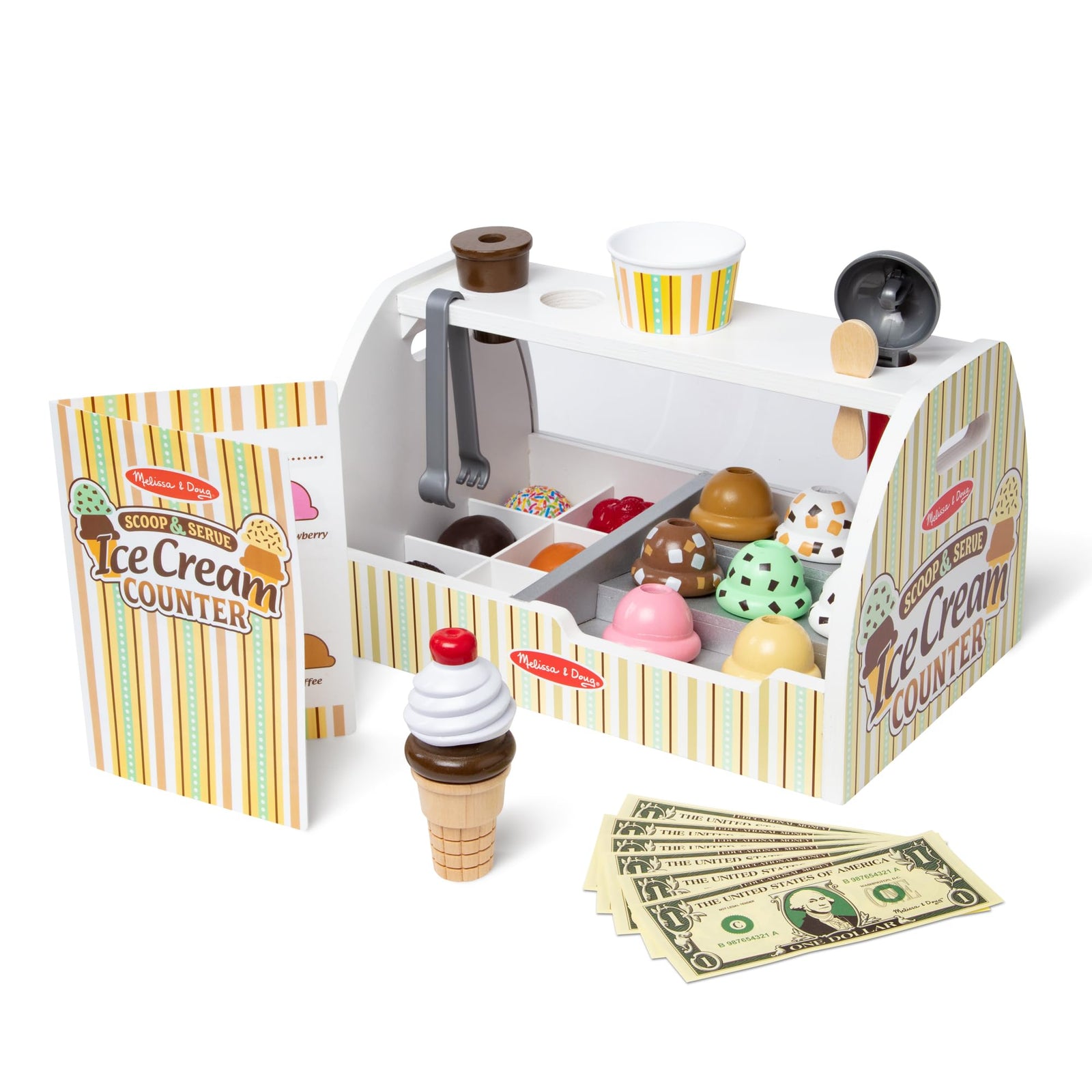 Melissa & Doug Wooden Scoop & Serve Ice Cream Counter, Pretend Play Store, 28 Toy Food & Play Kitchen Accessories, Preschool Toys for Girls & Boys 3+