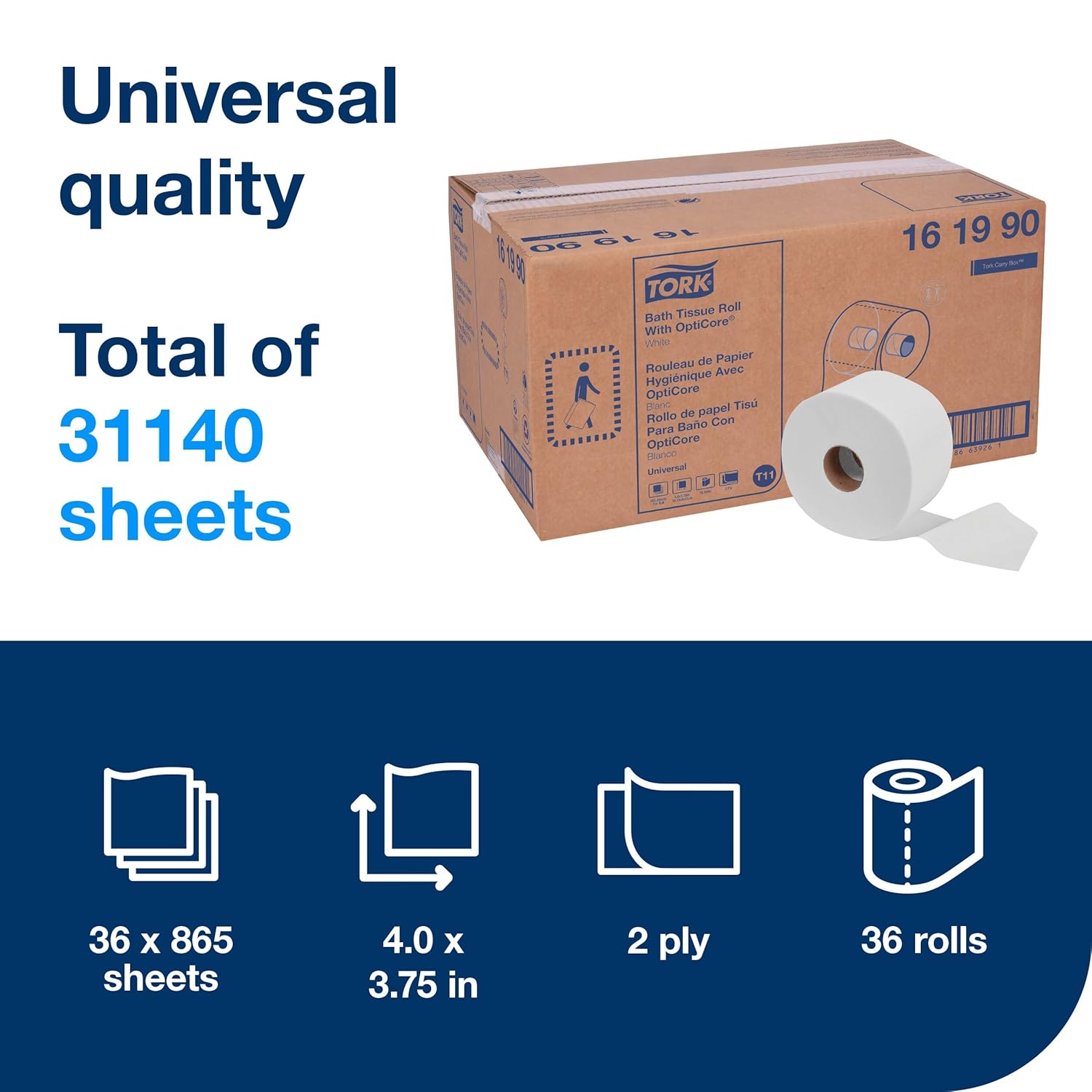 Tork OptiCore Mid-size Toilet Paper Roll White T11, Universal, 2-ply, 36 x 865 sheets, 161990