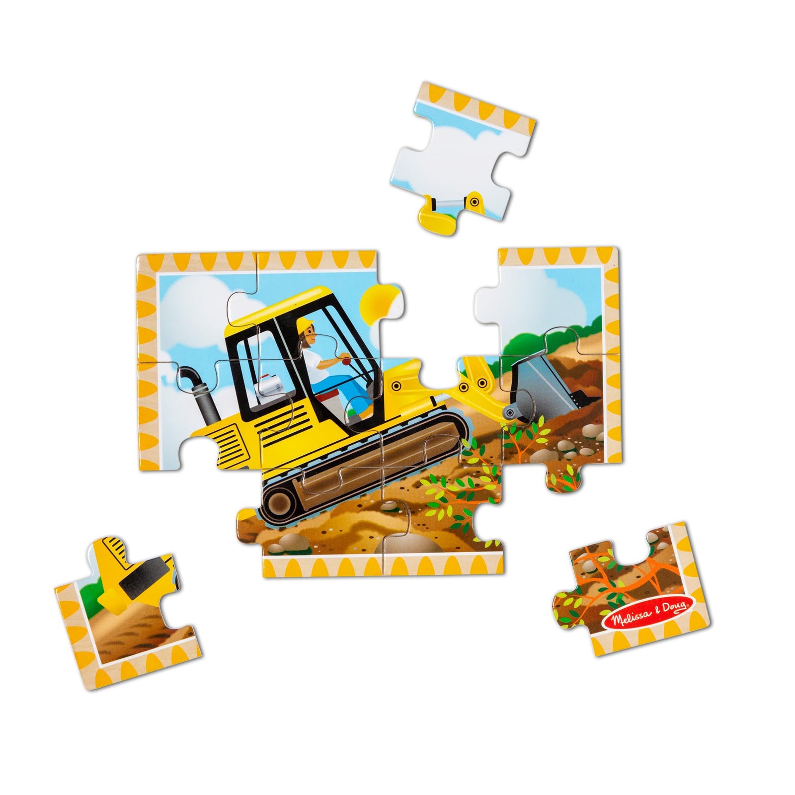 Melissa & Doug 4‑in‑1 Wooden Construction Vehicles Jigsaw Puzzle Set, 48 Pieces with Storage Box, Toddler Puzzle Toy for Kids Ages 3+ - FSC Certified