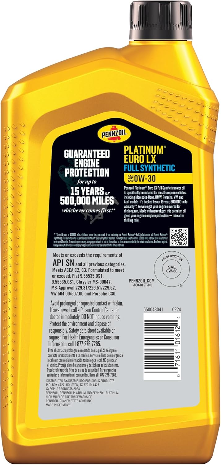 Pennzoil Platinum Euro AV Full Synthetic 5W-30 Motor Oil (1-Quart, Case of 6)