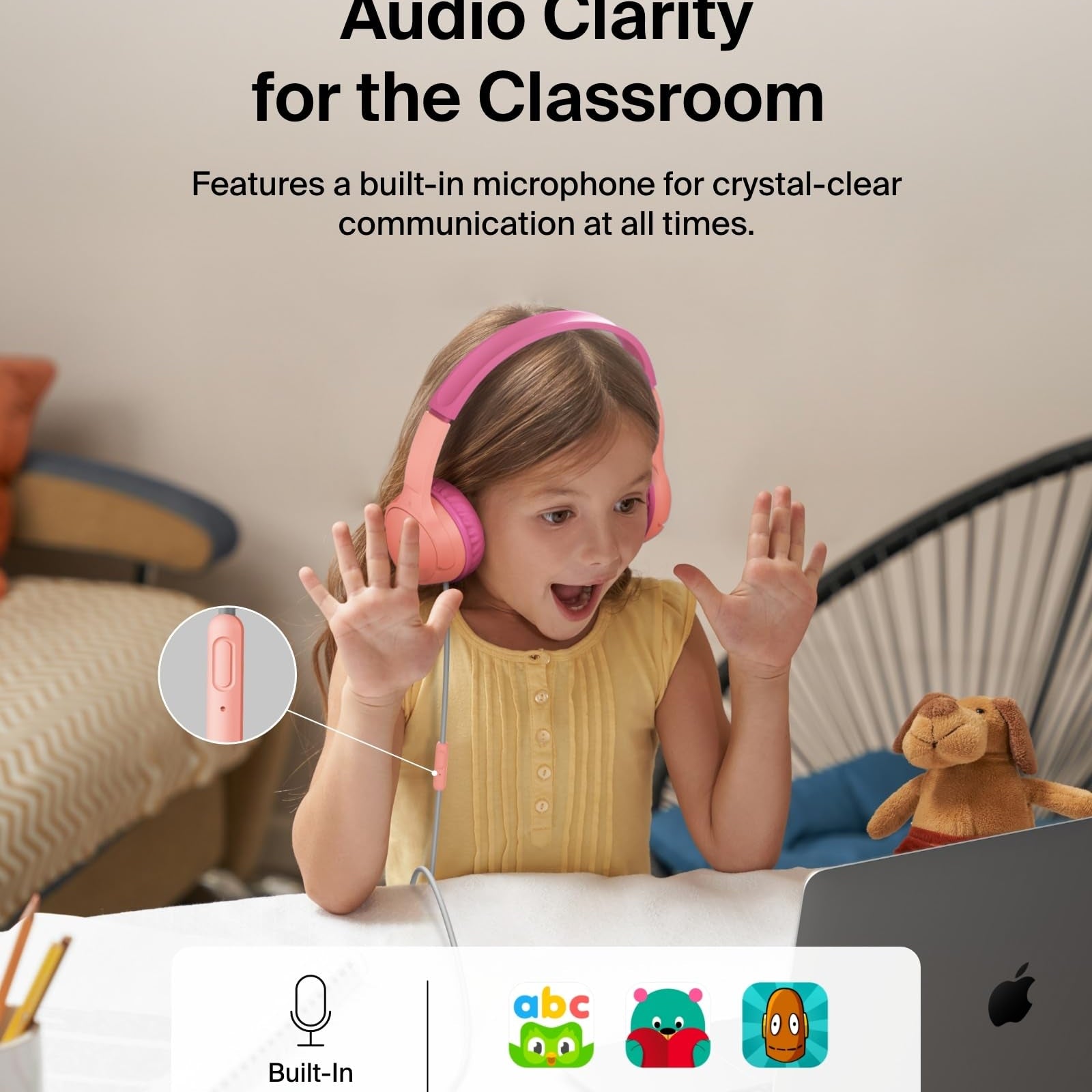 Belkin SoundForm Mini - Wireless Bluetooth Kids Headphones, 30H Battery, 85dB Safe Volume Limit, Built-in Microphone - Toddler On-Ear Earphones for iPhone, iPad, Fire Tablet, Ideal for School - White