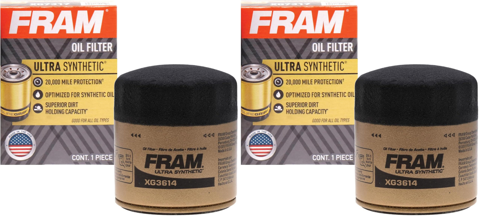 FRAM Ultra Synthetic Automotive Replacement Oil Filter, Designed for Synthetic Oil Changes Lasting up to 20k Miles, XG3614 with SureGrip (Pack of 2)