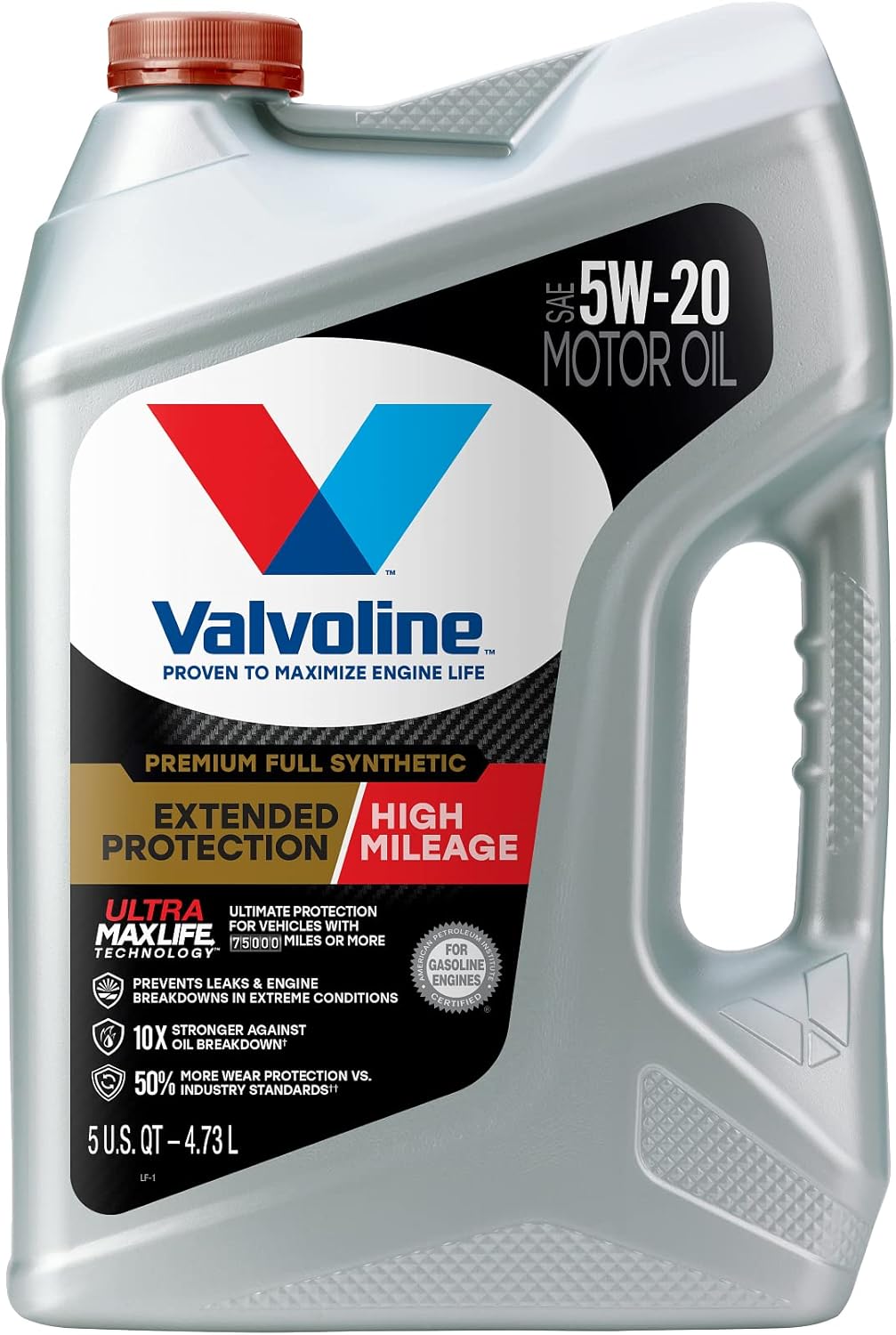Valvoline Full Synthetic High Mileage with MaxLife Technology SAE 0W-20 Motor Oil 5 QT, Case of 3