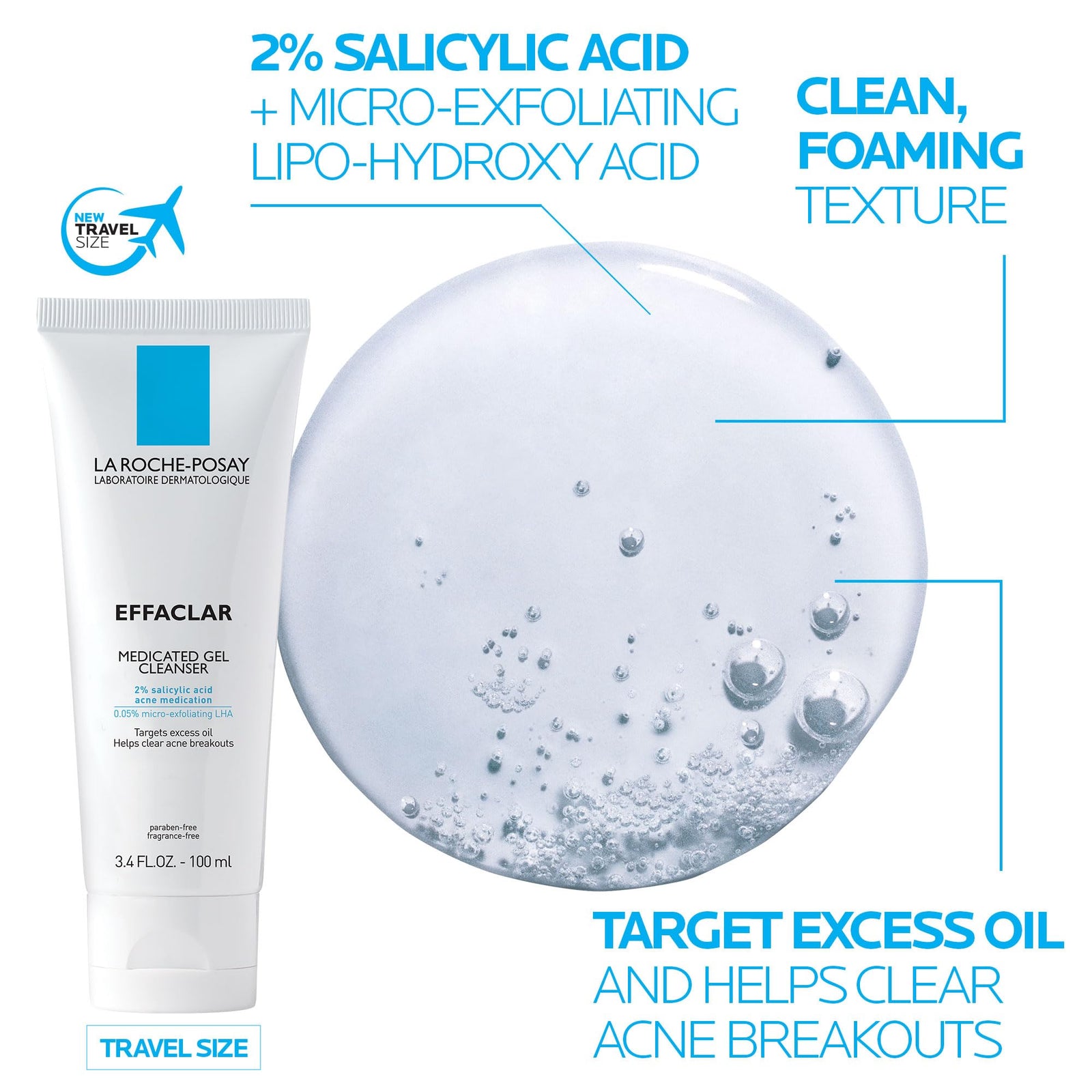 La Roche-Posay Effaclar Medicated Gel Cleanser, 2% Salicylic Acid Cleanser + LHA + Glycerin, Dermatologist Tested Foaming Acne Face Wash, Clear & Prevent Acne Breakouts, Oil Free, Targets Excess Oil
