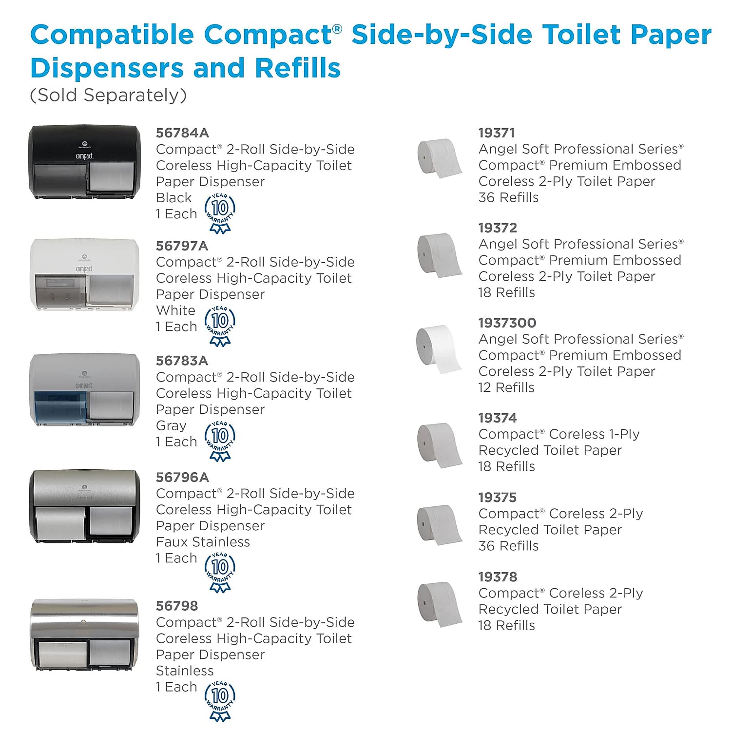 Georgia-Pacific Compact 2-Roll Side-by-Side Coreless High-Capacity Toilet Paper Dispenser by GP PRO (Georgia-Pacific), Stainless, 56798, 10.120" W x 6.750" D x 7.120" H, Stainless Steel