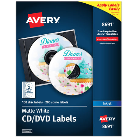 Avery Printable CD Labels, Matte White, Permanent Adhesive, Inkjet Printer Compatible, 100 Disc & 200 Spine Labels, Ideal for CDs, DVDs, PC Discs, Media Projects & More (8691)