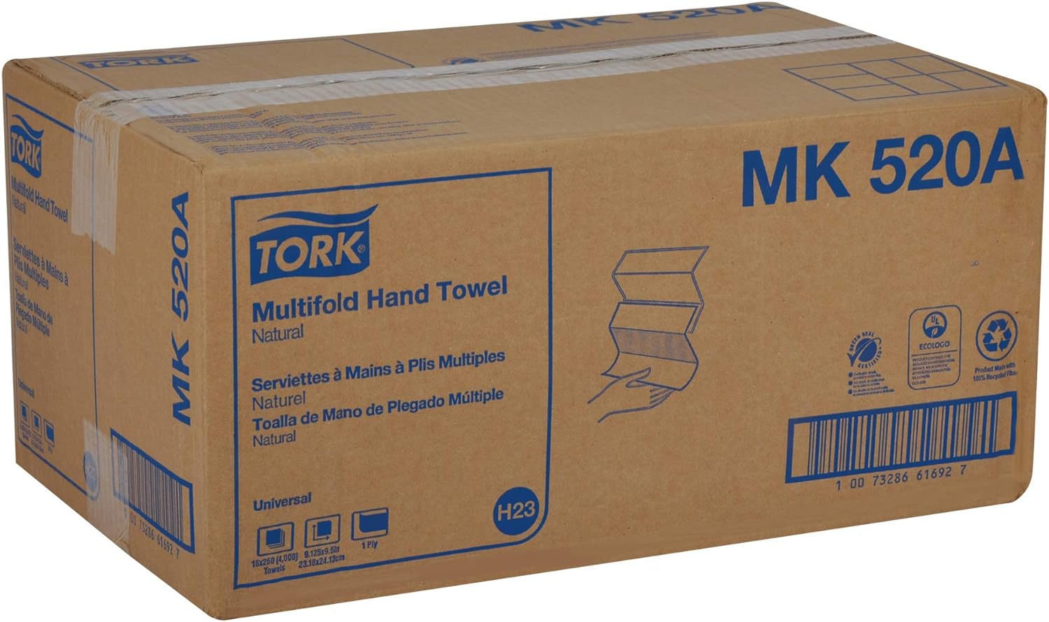 Tork Multifold Hand Towel, Natural, 100% recycled, FSC certified, Compatible with H2 Dispensers, 16 packs x 250 sheets (MK520A)