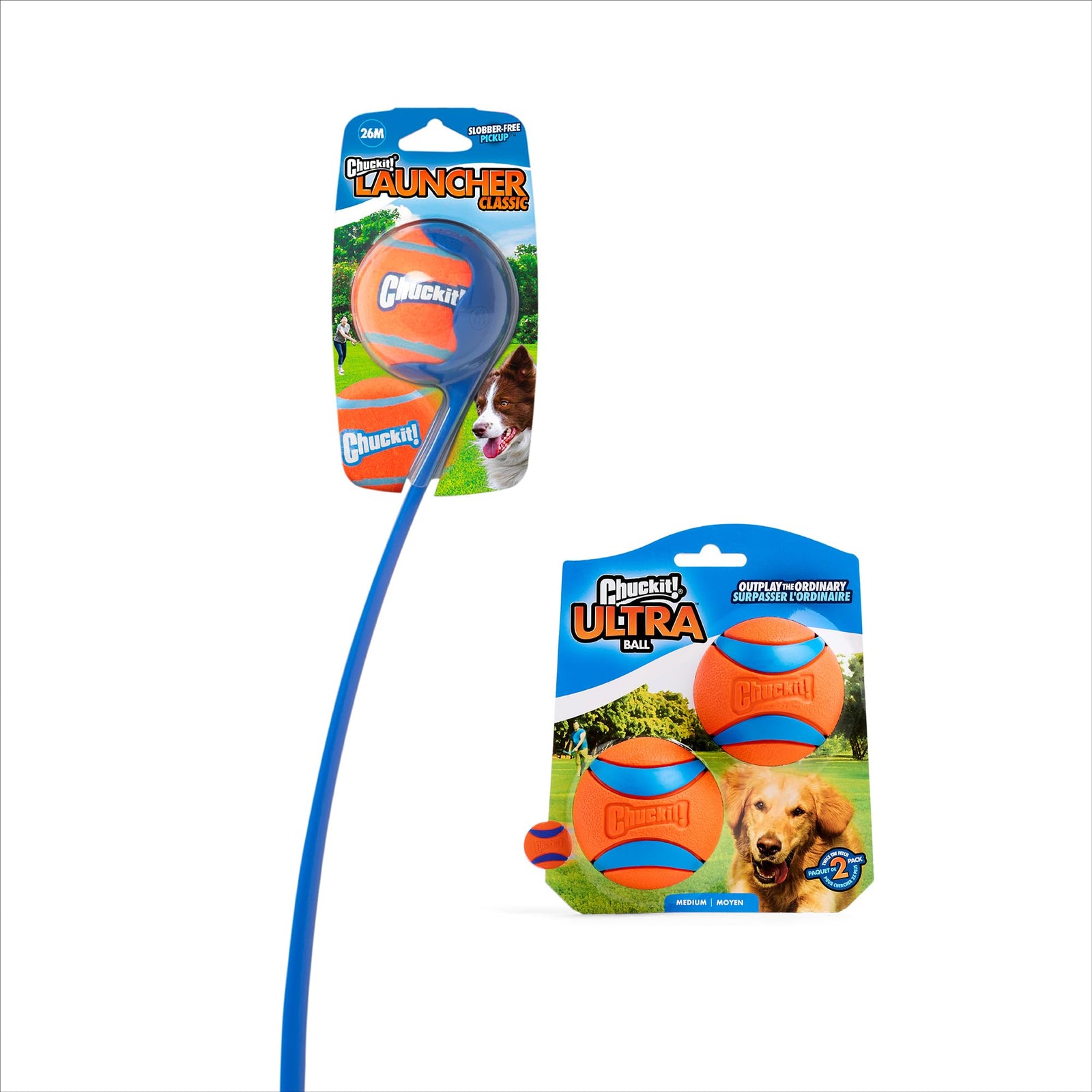 Chuckit! Ultra Ball & Launcher Bundle - Classic 26" with 2 Pack Medium (2.5") Bouncy Fetch Balls for Dogs 20-60 lbs, Dog Fetch Ball Thrower