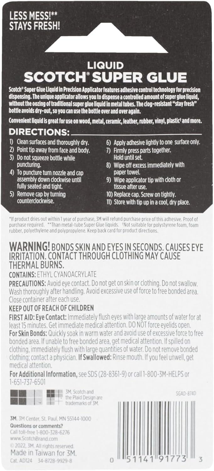 Scotch Super Glue Liquid, 4-Pack of Single-Use Tubes, .017 oz Each, Fast Drying Liquid Formula (AD114)