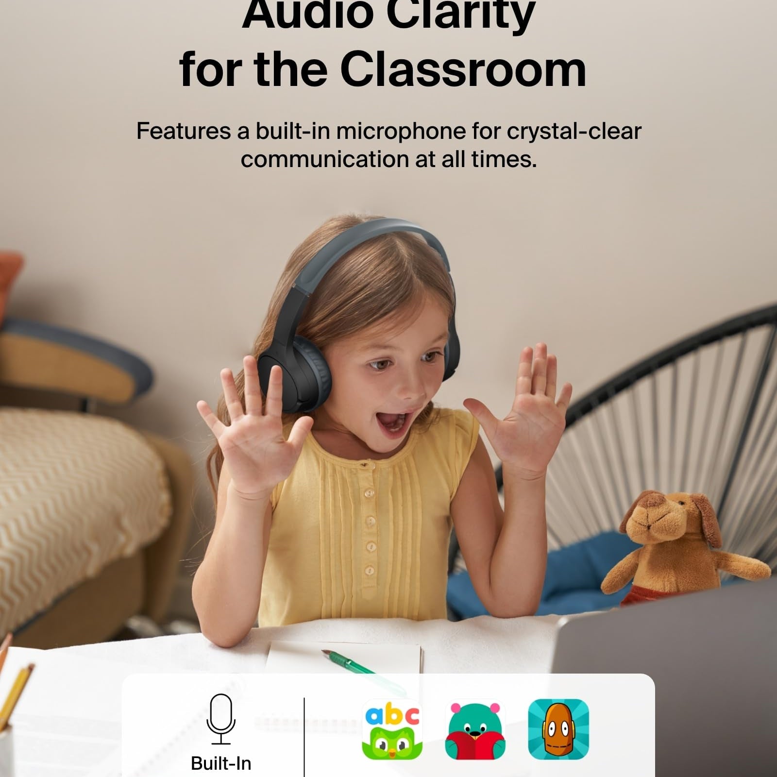 Belkin SoundForm Mini - Wireless Bluetooth Kids Headphones, 30H Battery, 85dB Safe Volume Limit, Built-in Microphone - Toddler On-Ear Earphones for iPhone, iPad, Fire Tablet, Ideal for School - White