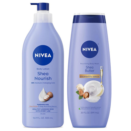 NIVEA Shea Nourish Body Lotion (16.9 Fl Oz) Nourishing Shea Butter Body Wash (20 Fl Oz), Nourishing Skin Care Set with Shea Butter