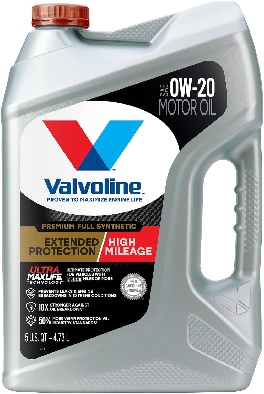 Valvoline Full Synthetic High Mileage with MaxLife Technology SAE 0W-20 Motor Oil 5 QT, Case of 3