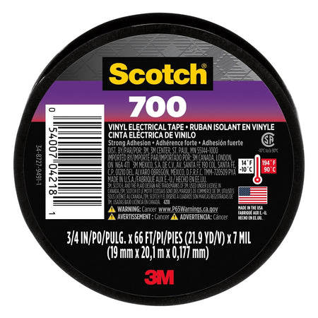 Scotch Vinyl 700 Electrical Tape, 1 Roll, Black, 3/4-in x 66-ft, General Purpose, Commercial Grade, Rated for Temperatures Up to 194-Degree, Highly Flexible, Stretchy & Conformable (700)