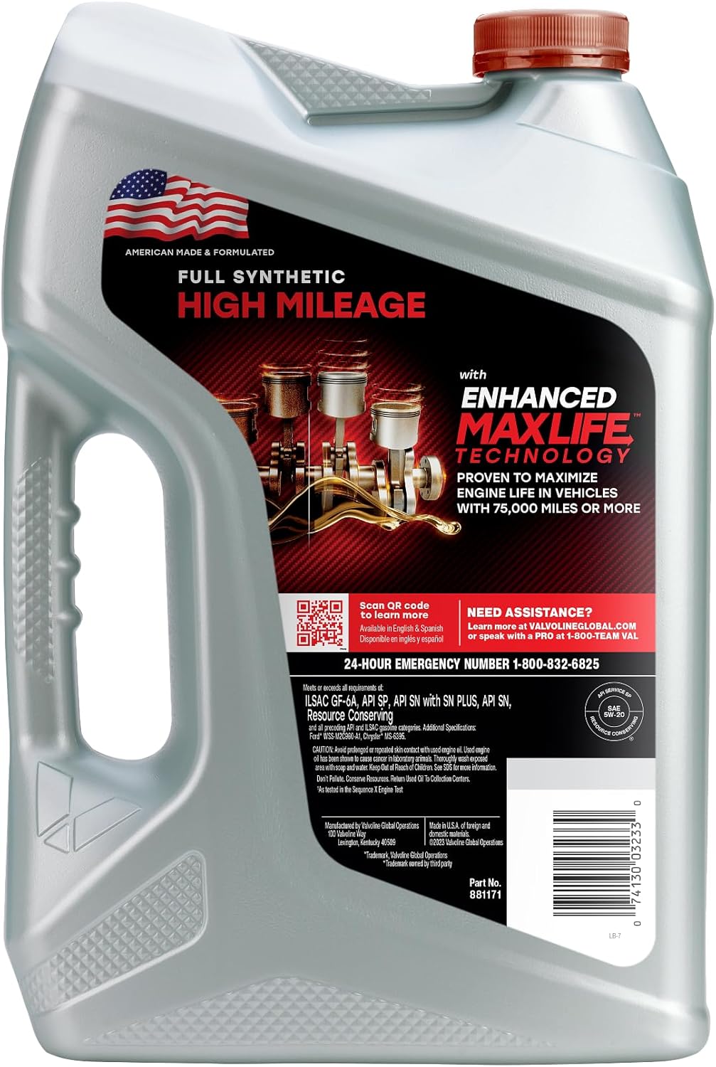 Valvoline Full Synthetic High Mileage with MaxLife Technology SAE 0W-20 Motor Oil 5 QT, Case of 3