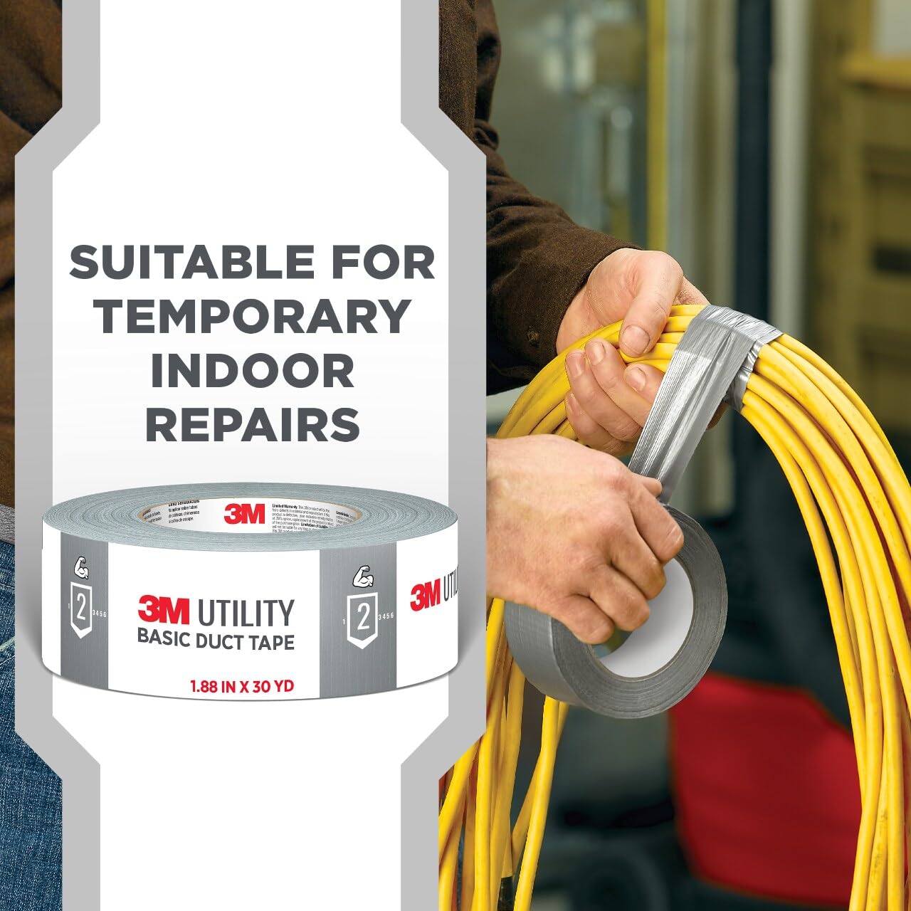 3M Utility Basic Duct Tape, 1.88 in x 30 yd, 3 Rolls, Moisture Resistant, Great for Light Duty Temporary Indoor Repairs for Tile, Laminate, Plastic, Wood, and Glass, Tear by Hand (1030-3PK)