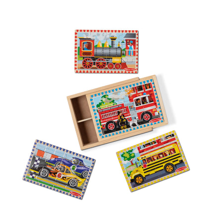 Melissa & Doug 4‑in‑1 Wooden Construction Vehicles Jigsaw Puzzle Set, 48 Pieces with Storage Box, Toddler Puzzle Toy for Kids Ages 3+ - FSC Certified