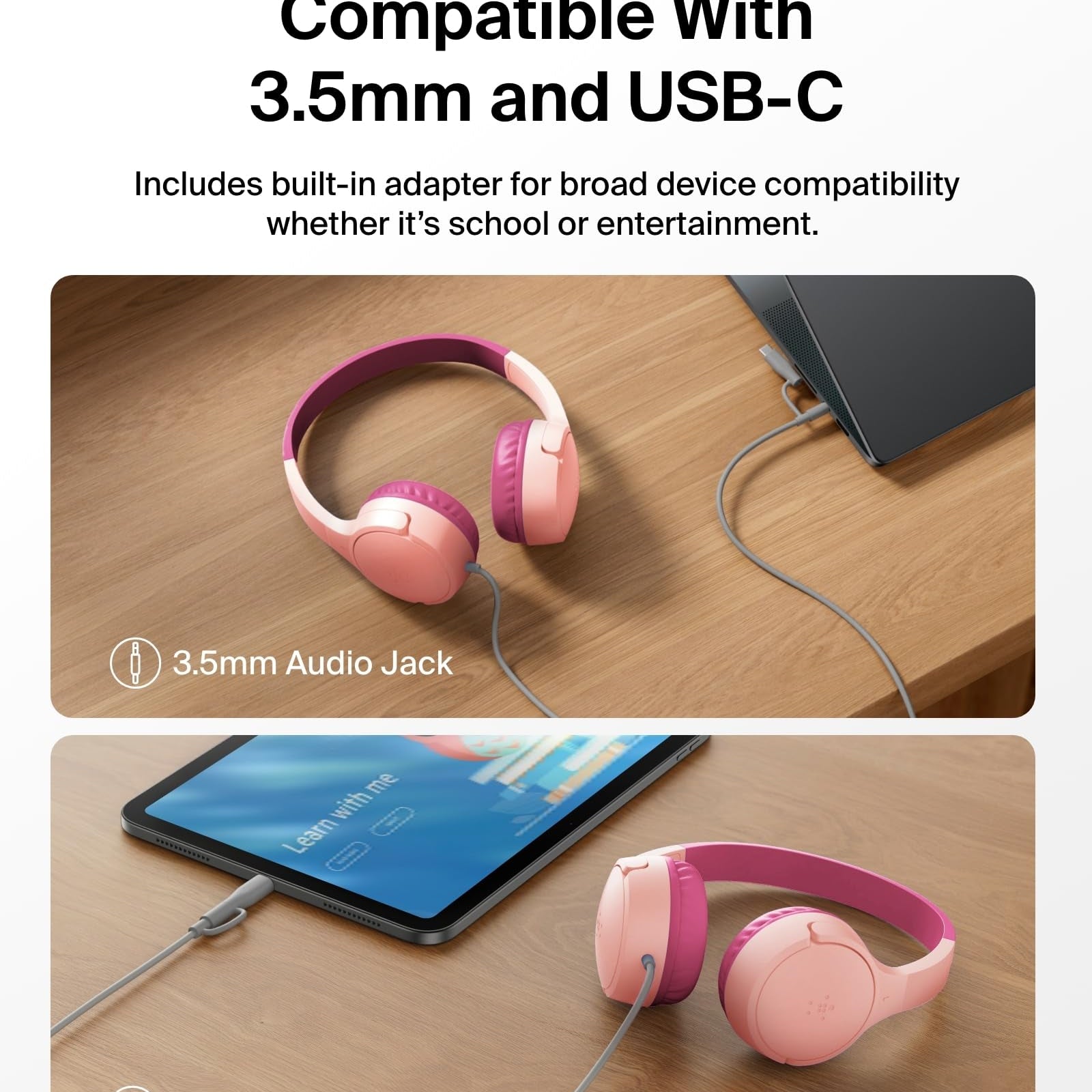 Belkin SoundForm Mini - Wireless Bluetooth Kids Headphones, 30H Battery, 85dB Safe Volume Limit, Built-in Microphone - Toddler On-Ear Earphones for iPhone, iPad, Fire Tablet, Ideal for School - White