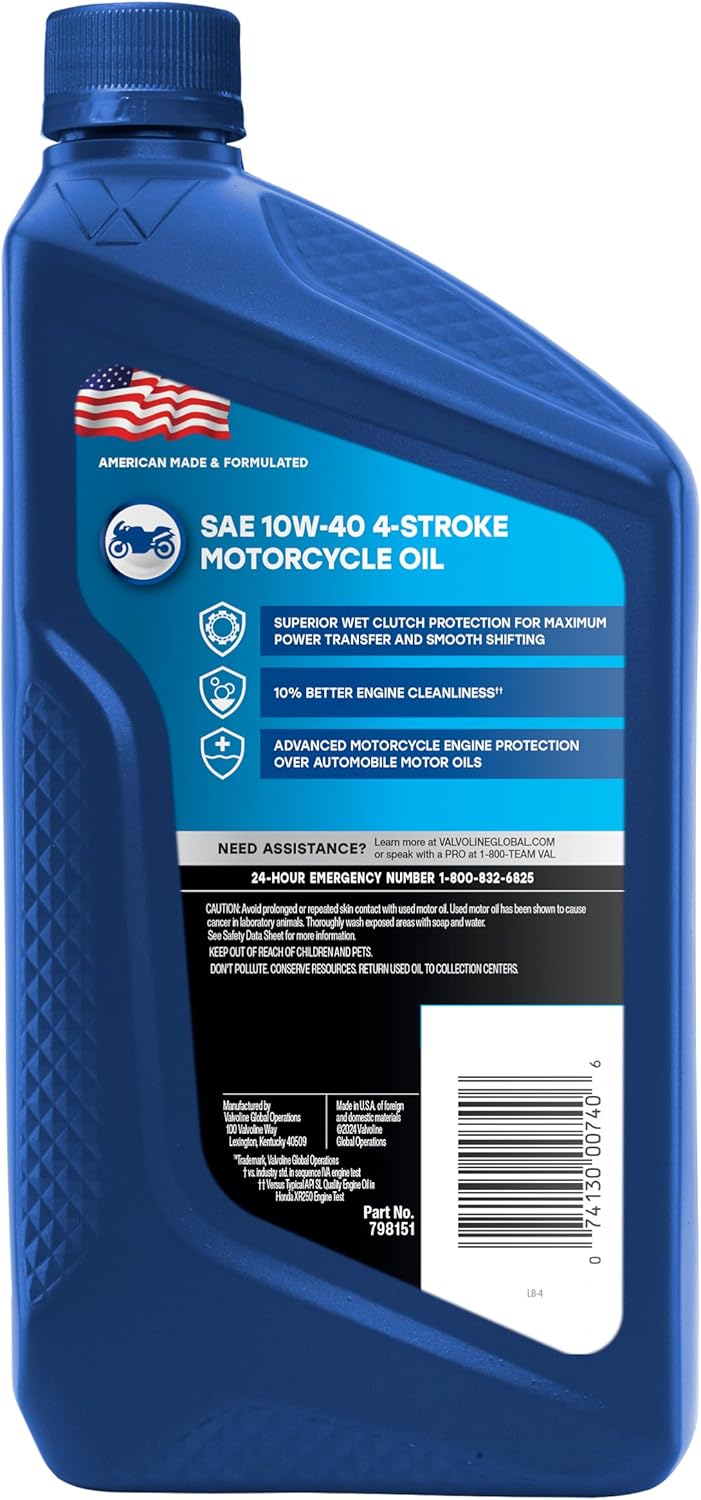 Valvoline 4-Stroke Motorcycle Full Synthetic SAE 10W-40 Motor Oil 1 QT (Pack of 3)
