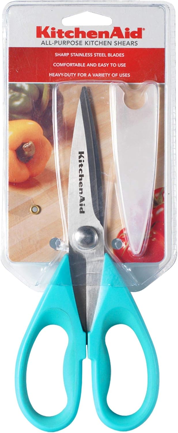 KitchenAid All Purpose Kitchen Shears with Protective Sheath Durable Stainless Steel Scissors, Dishwasher Safe, Soft Grip Comfort Handle, 8.72 Inch, Aqua Sky