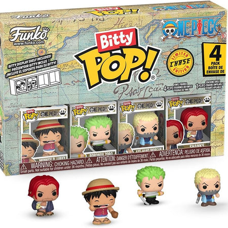 Funko Bitty Pop! One Piece - Monkey D. Luffy, Roronoa Zoro, Axe Hand Morgan, and A Surprise Mystery Mini Figure - 0.9 Inch (2.2 Cm) Collectable - Stackable Display Shelf Included - Party Bags