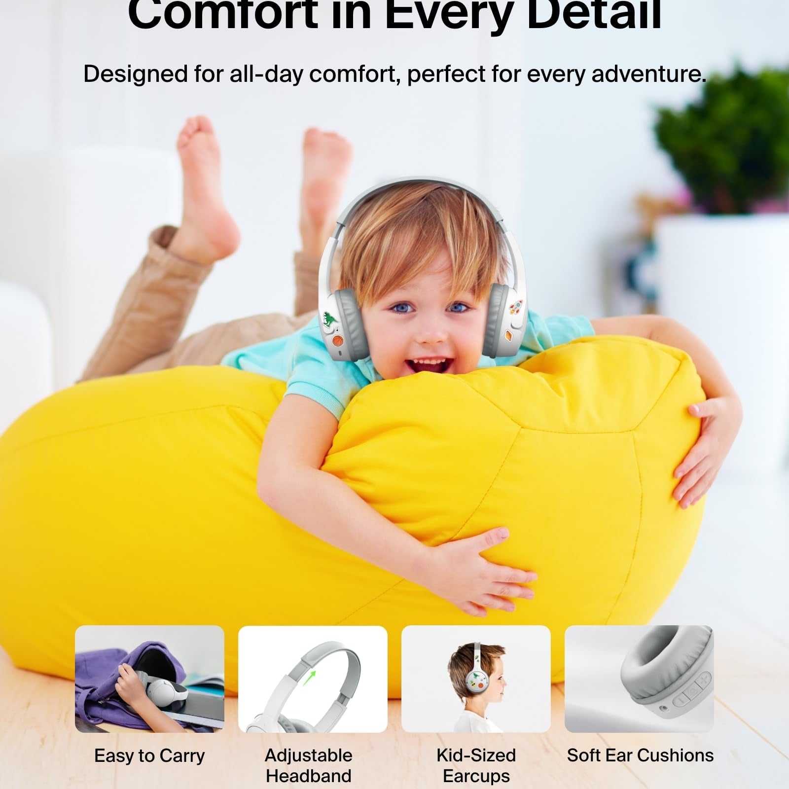 Belkin SoundForm Mini - Wireless Bluetooth Kids Headphones, 30H Battery, 85dB Safe Volume Limit, Built-in Microphone - Toddler On-Ear Earphones for iPhone, iPad, Fire Tablet, Ideal for School - White