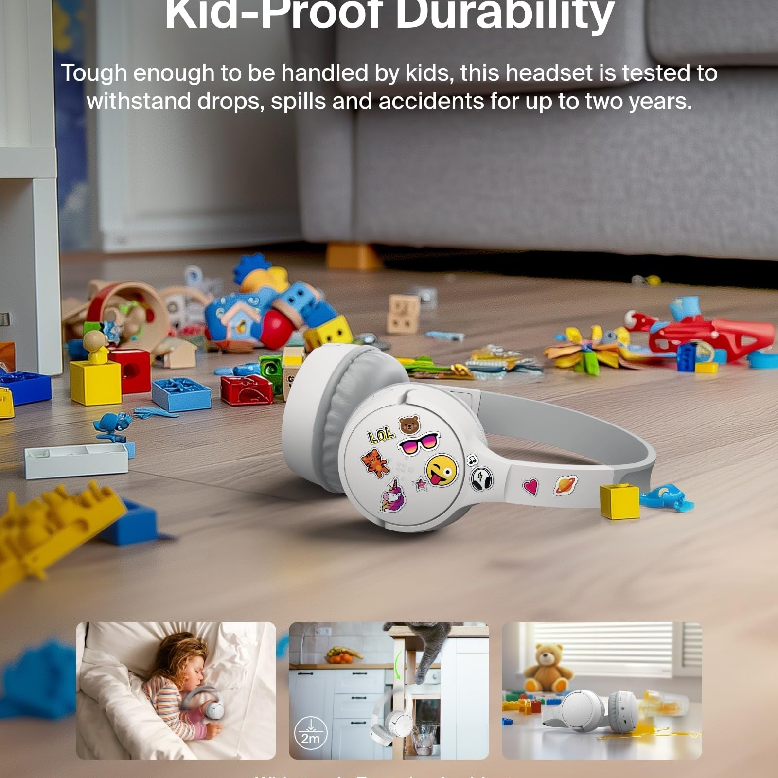 Belkin SoundForm Mini - Wireless Bluetooth Kids Headphones, 30H Battery, 85dB Safe Volume Limit, Built-in Microphone - Toddler On-Ear Earphones for iPhone, iPad, Fire Tablet, Ideal for School - White