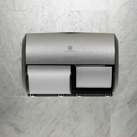 Compact 2-Roll Side-by-Side Coreless High-Capacity Toilet Paper Dispenser by GP PRO (Georgia-Pacific), Faux Stainless, 56796A, 1 Dispenser