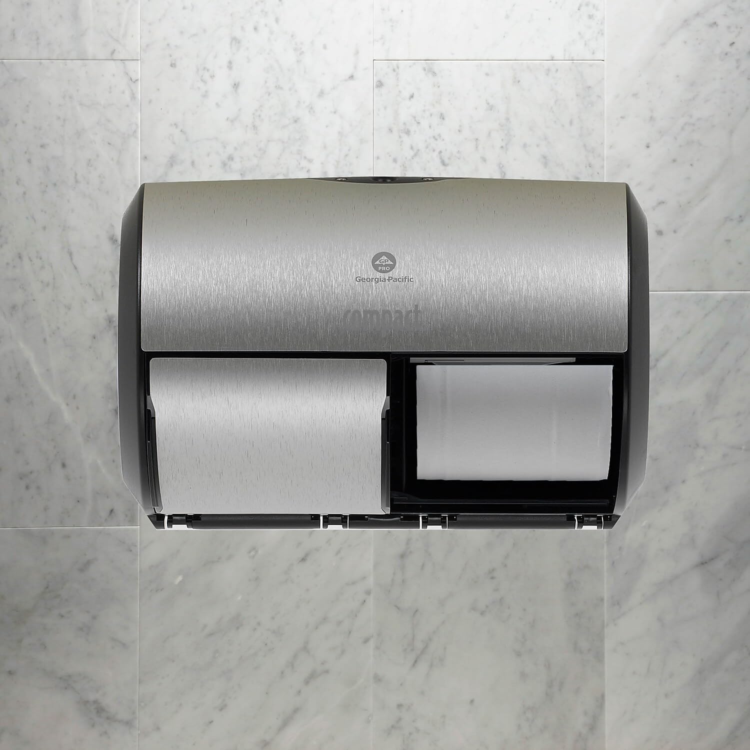 Georgia-Pacific Compact 2-Roll Side-by-Side Coreless High-Capacity Toilet Paper Dispenser by GP PRO (Georgia-Pacific), Stainless, 56798, 10.120" W x 6.750" D x 7.120" H, Stainless Steel