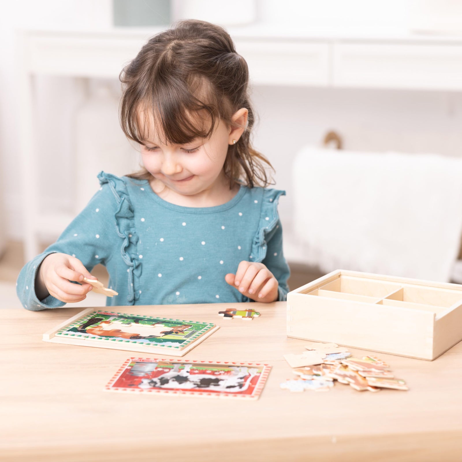 Melissa & Doug 4‑in‑1 Wooden Construction Vehicles Jigsaw Puzzle Set, 48 Pieces with Storage Box, Toddler Puzzle Toy for Kids Ages 3+ - FSC Certified