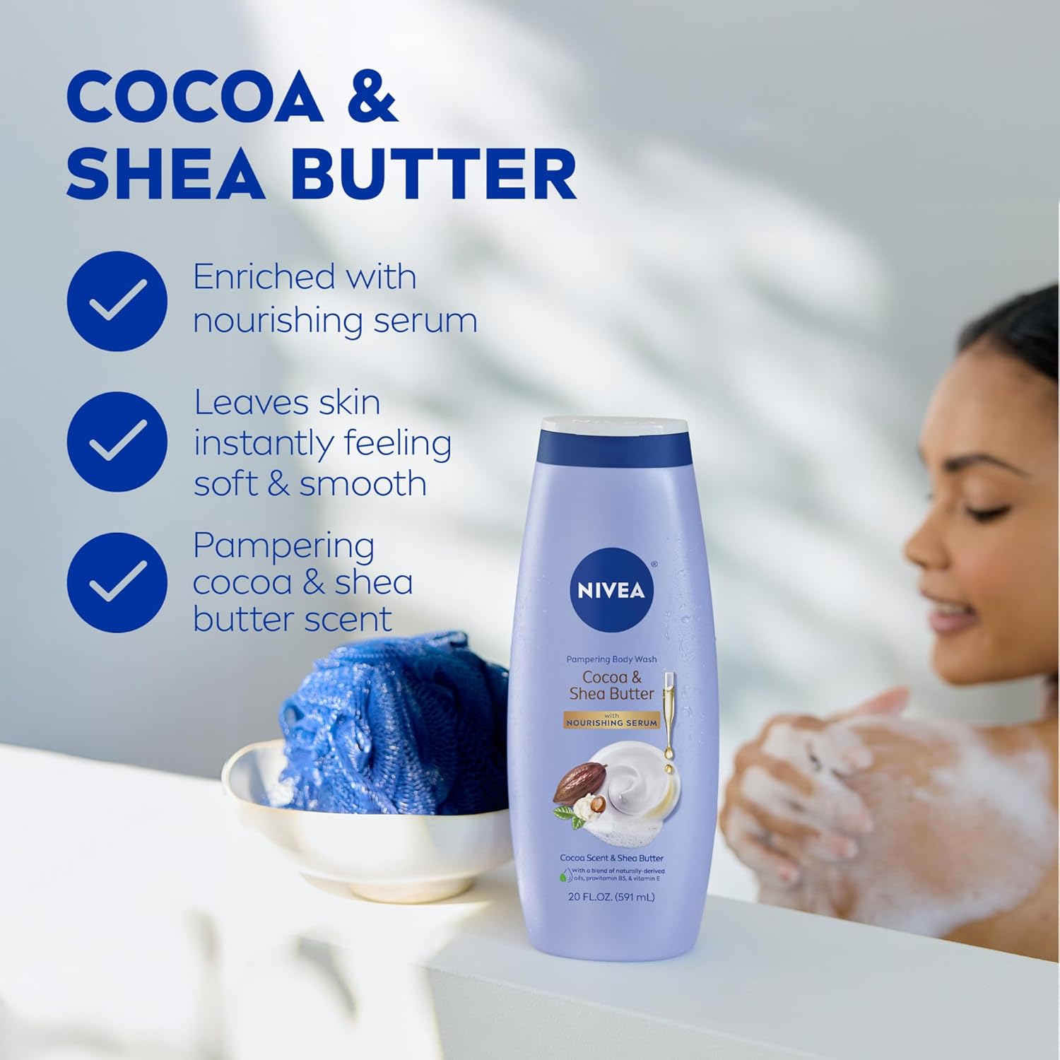 NIVEA Pampering Cocoa and Shea Butter Body Wash with Nourishing Serum, Moisturizing Body Wash for Women, Enriched with Provitamin B5 and Vitamin E, 20 Fl Oz Bottle