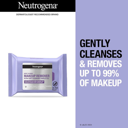 Neutrogena Night Calming Cleansing Makeup Remover Face Wipes, Nighttime Facial Towelettes to Remove Sweat, Dirt & makeup, Leaves Skin Feeling Calm, Alcohol-Free, 100% Plant Based Cloth, 25 ct