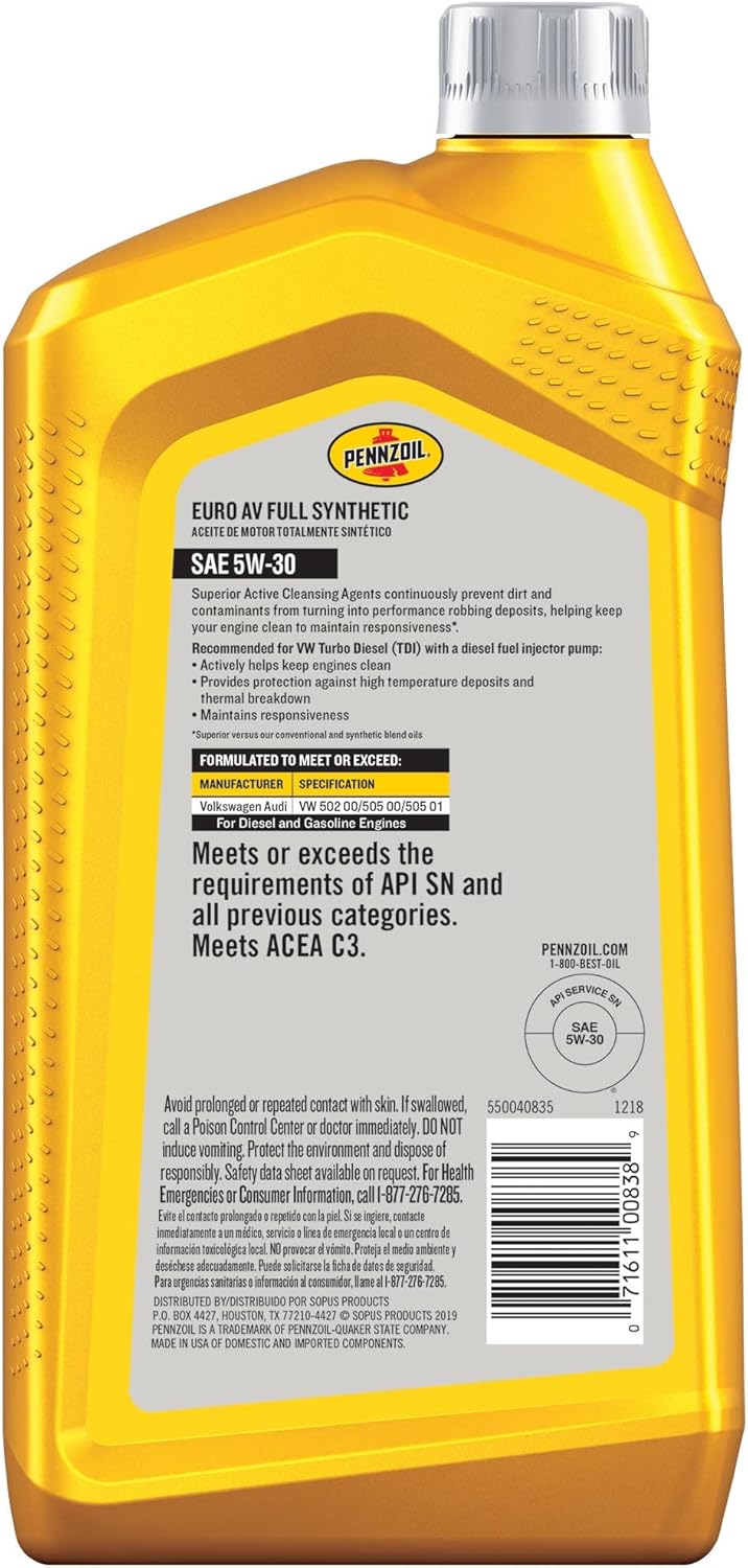 Pennzoil Platinum Euro AV Full Synthetic 5W-30 Motor Oil (1-Quart, Case of 6)