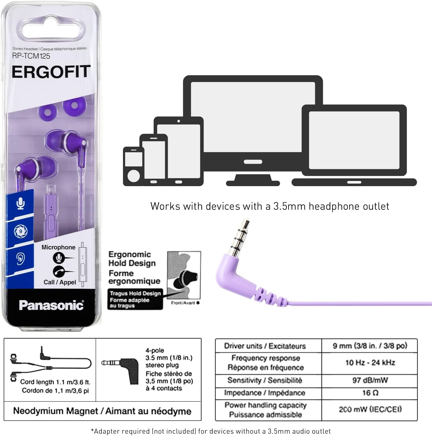 Panasonic ErgoFit Wired Earbuds, 3.5mm Jack in-Ear Headphones with Dynamic Crystal-Clear Sound and Soft Ergonomic Custom-Fit Earpieces (S/M/L), for Phones and Laptops - RP-HJE120-AA (Metallic Blue)