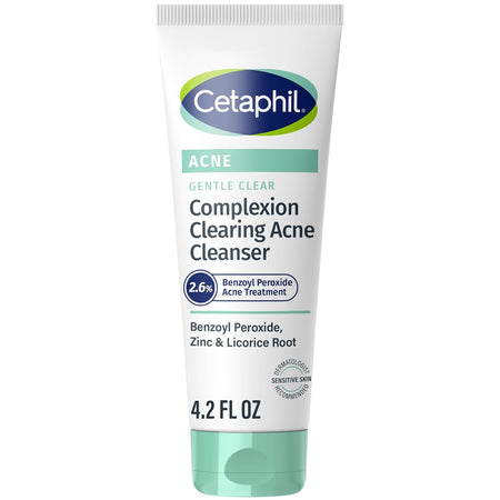 Cetaphil Gentle Clear Complexion-Clearing BPO Acne Cleanser with 2.6% Benzoyl Peroxide, Creamy and Soothing for Sensitive Skin, Suitable for All Skin Types, 4.2oz