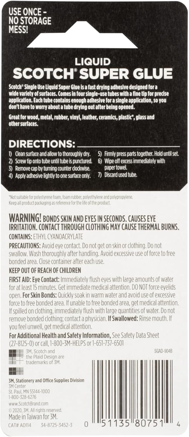 Scotch Super Glue Liquid, 4-Pack of Single-Use Tubes, .017 oz Each, Fast Drying Liquid Formula (AD114)