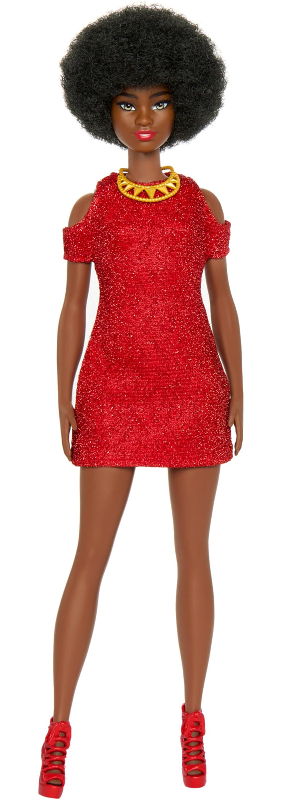 Barbie Fashionistas Doll #221 with Natural Black Hair Wearing Removable Red Dress & Accessories, 65th Anniversary Collectible Toy